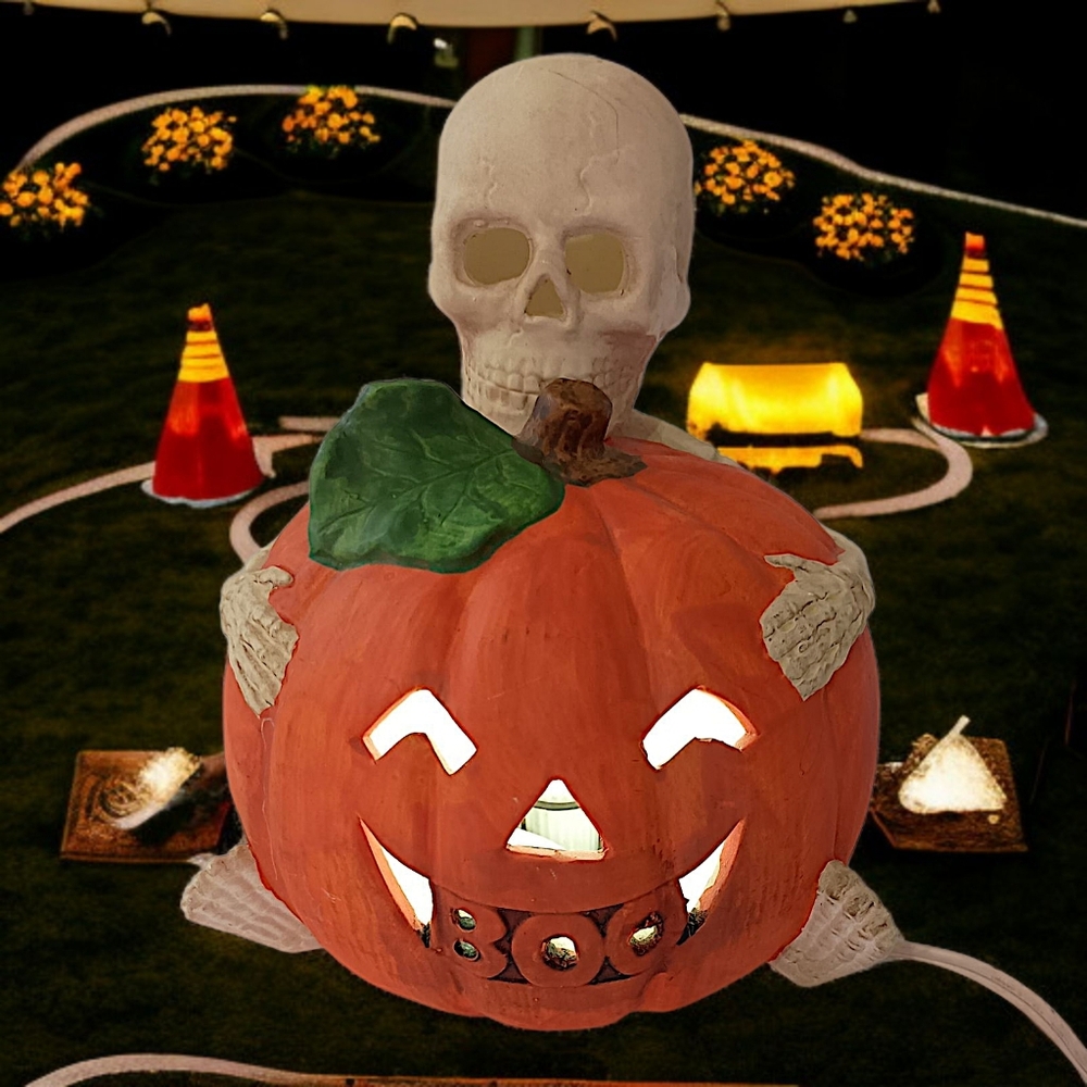 Vintage‎ Halloween Figure Pumpkin Skeleton Light Up Ceramic 90s Spooky Autumn